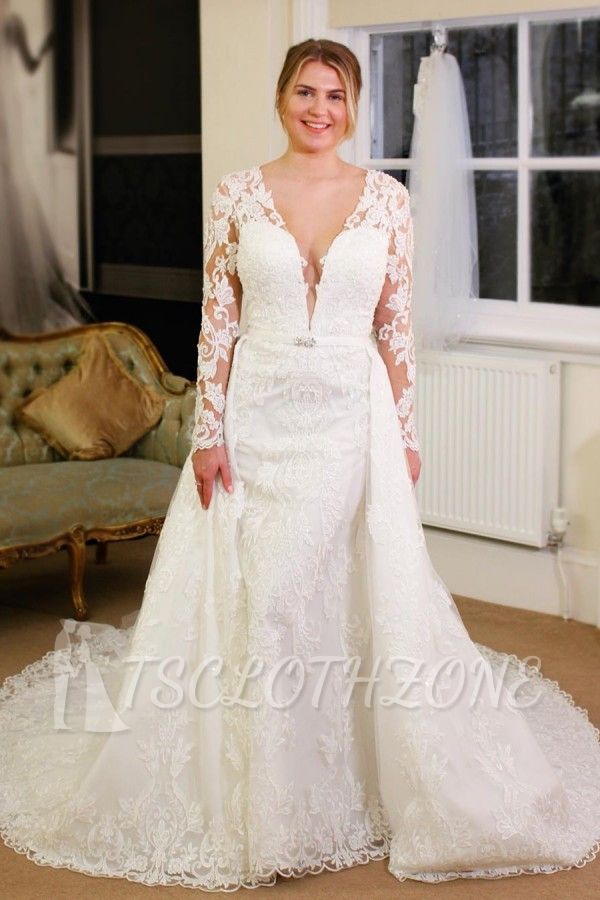 Luxury Long Sleeves V-neck Lace Royal Wedding Dress with Overskirt