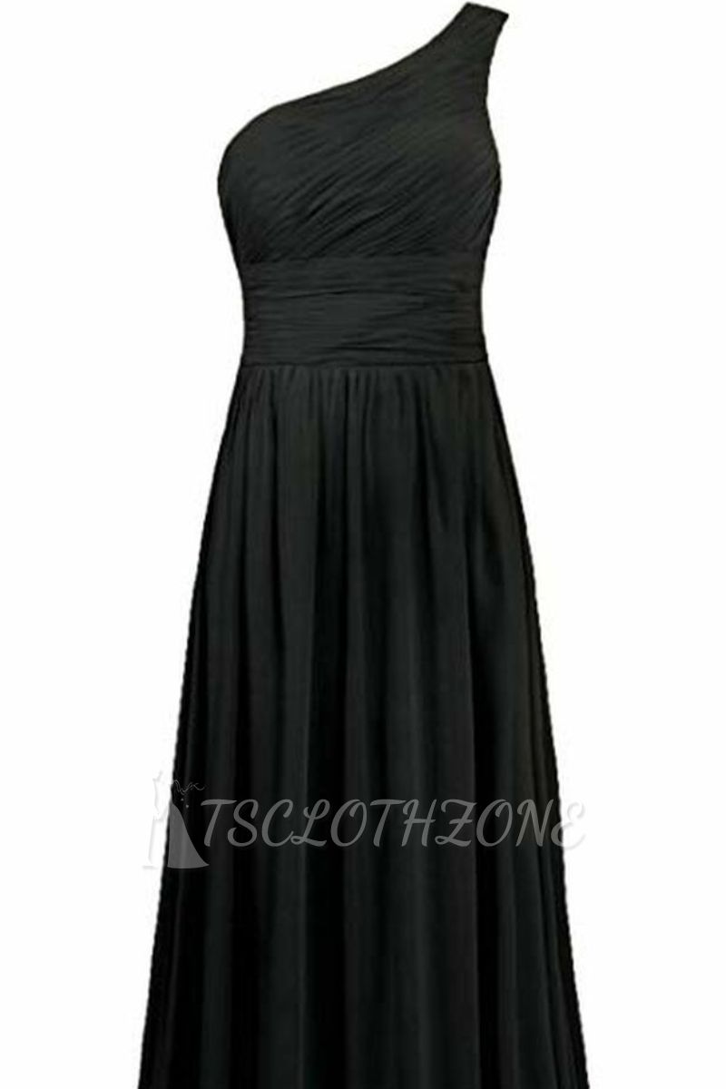 Pleat Black Chiffon One Shoulder Long Bridesmaid Dress