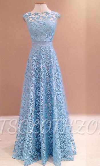 Blue Lace A-Line Backless Evening Dress 2022 New Style Cheap Prom Dress with Bowknot Sash