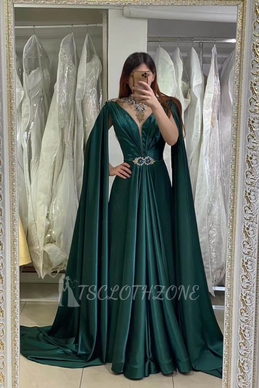 Dark Green A-line Satin Long Prom Dresses with Cape