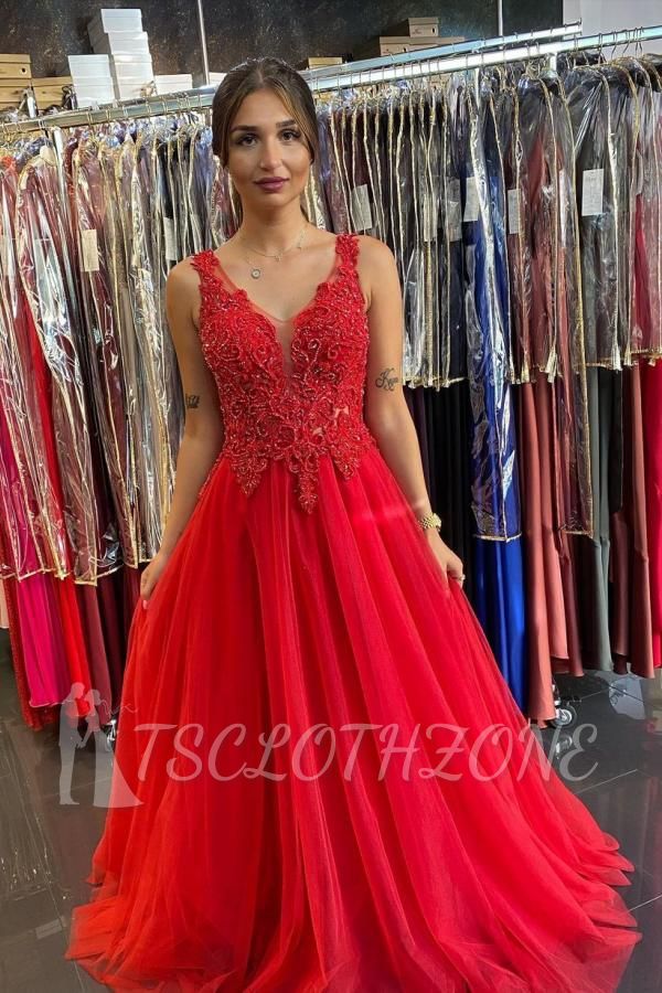 Red Sleeveless Lace Prom Dress V-neck Aline Long Formal Dress