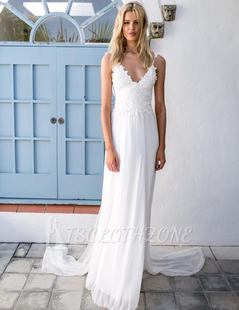 2022 Summer Beach Wedding Dresses Cheap Lace Chiffon Backless Bridal Dress with Sash