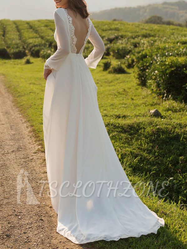 Chiffon White Long Sleeves Backless Lace A-Line Wedding Dresses