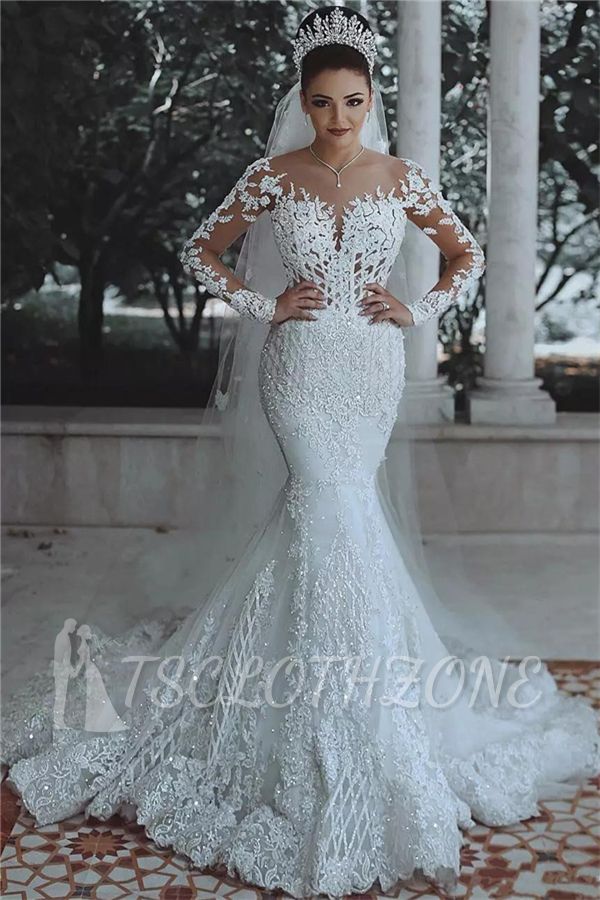 Luxury Beaded Lace Mermaid Wedding Dresses with Sleeves | Sheer Tulle Appliques Bride Dresses