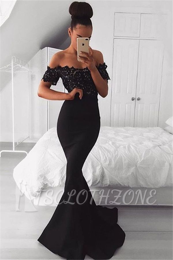 Black Off the Shoulder Lace Mermaid Prom Dresses 2022 Short Sleeves Evening Gowns