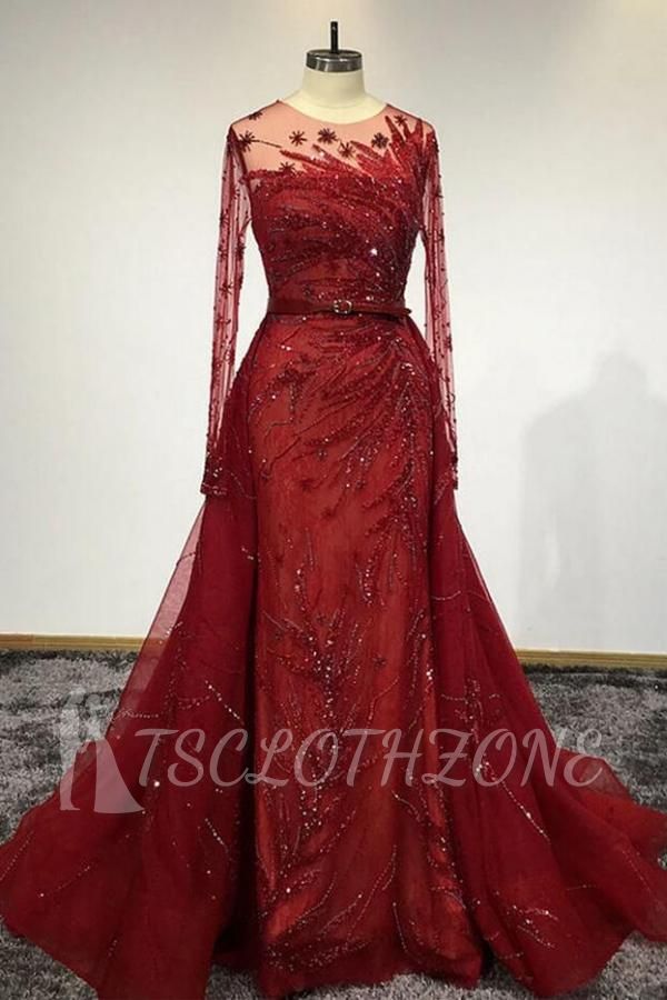 Stunning Red Long Sleeves Beading Mermaid Evening Gown with Detachable Train