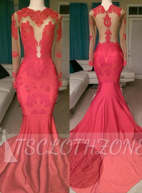 2022 Elegant Red Long Sleeves Prom Dresses | Cheap Sheer Tulle Appliques Evening Dresses