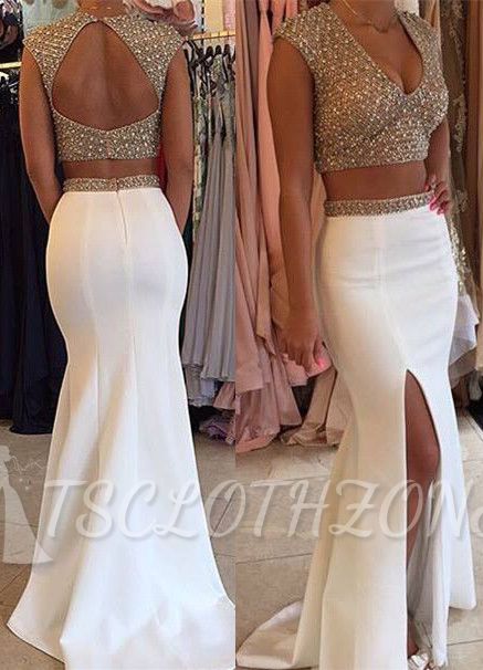 Glamorous Two Pieces Prom Dresses Beadings Cap Sleeve Long Party Gowns