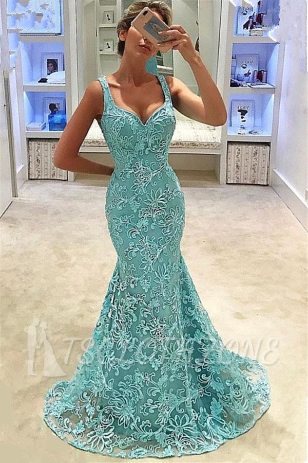Fashion Mermaid Straps Appliques Sleeveless Floor-Length Prom Dress