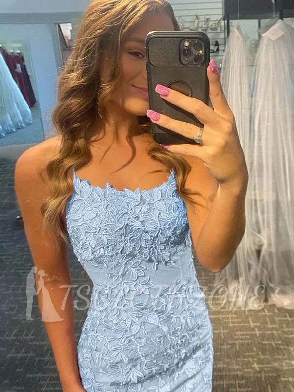 Sky blue lace appliques prom dress with low back