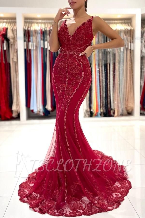 Sparkling Red Long Lace Prom Dress | Inexpensive Evening Dresses