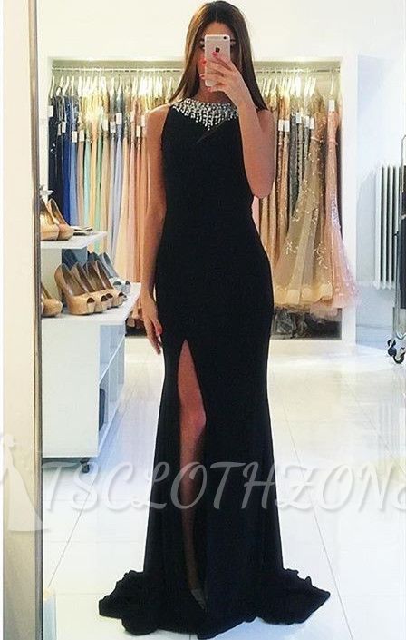 Beaded Black Sexy Sheath Evening Dress Cheap 2022 Sleeveless Popular Backless Side Slit Prom Dress