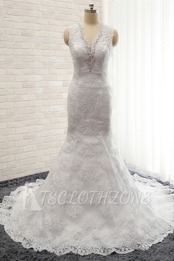 TsClothzone Chic Mermaid V-Neck Lace Wedding Dress Appliques Sleeveless Beadings Bridal Gowns On Sale