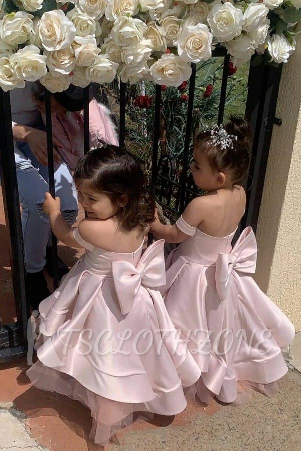 Cute Off the Shoulder Pink Long Flower Girl Dresses | Tiered Little Girls Dress with Big Bowknot Design at the Back