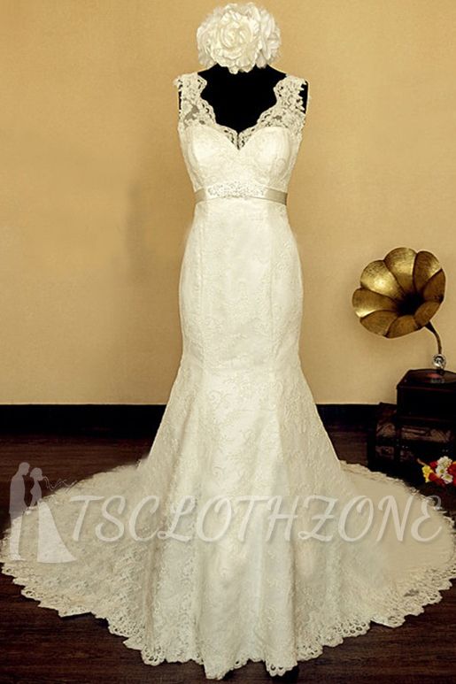 2022 Elegant V-neck Lace Wedding Dress Mermaid Long Train Bridal Gowns with Beading Sash