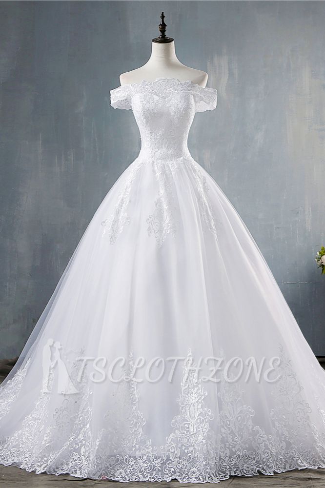 TsClothzone Wunderschönes schulterfreies weißes Tüll-Hochzeitskleid mit Spitzenapplikationen Brautkleider im Angebot