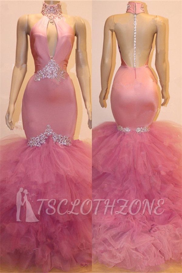 High Neck Sexy Keyhole Tulle Mermaid Pink Prom Dress | Sleeveless Beads Crystals Cheap Prom Dress 2022