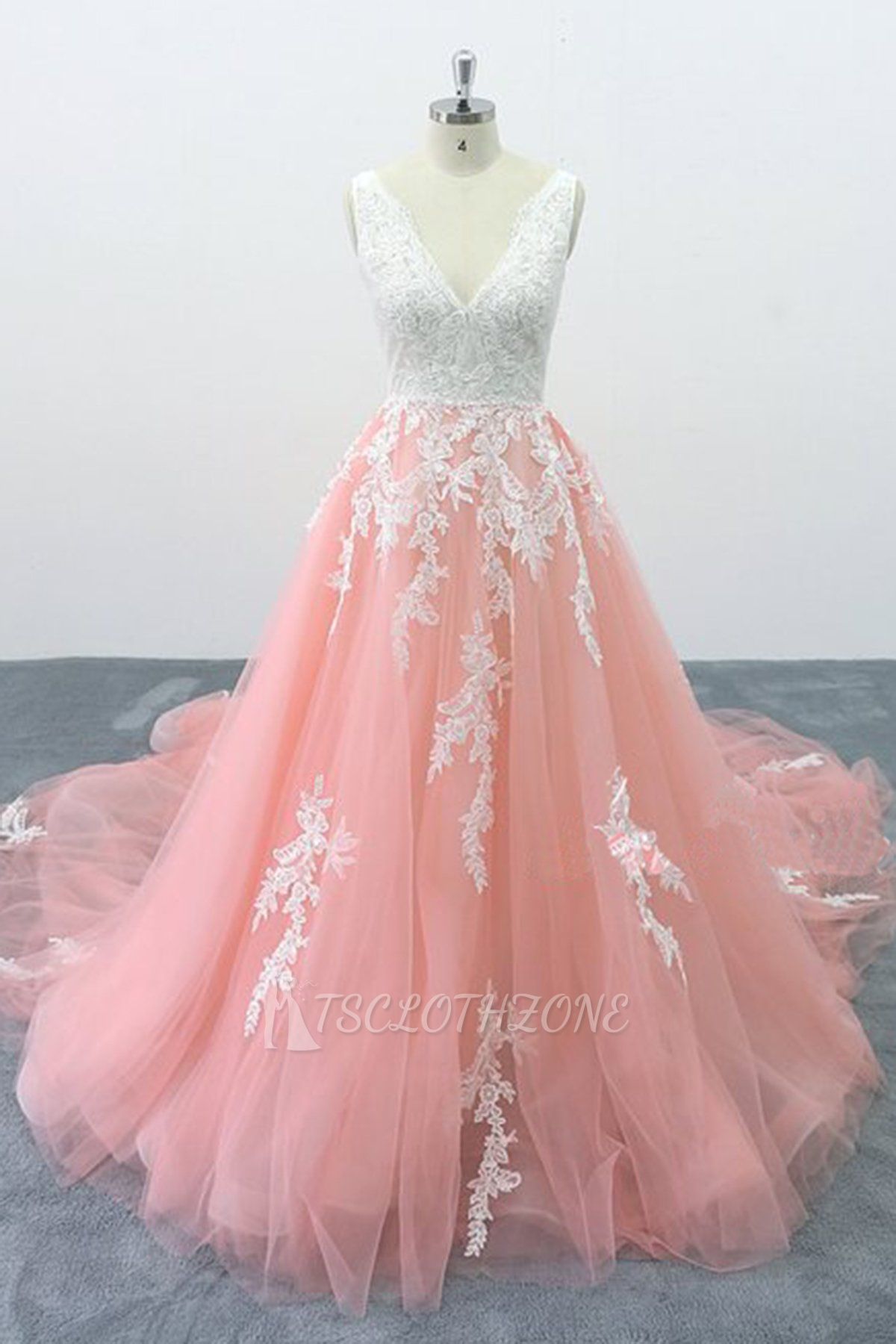 TsClothzone Chic Peach Pink Tulle Lace Wedding Dress Cathedral Train Bridal Gowns On Sale