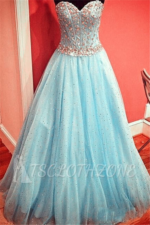Sparkly Baby Blue Prom Dress 2022 Sweetheart Evening Gowns with Crystals Belt