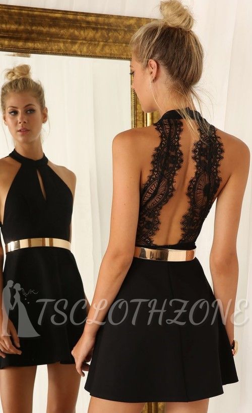 Sexy Mini Party Dress Cheap 2022 Halter Open Back Cocktail Dress with Gold Belt