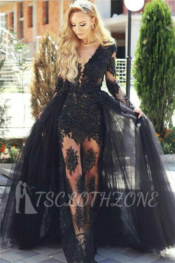 Glamorous Black Tulle Lace Prom Dresses 2022 Long Sleeves Evening Gowns with Detachable Skirt