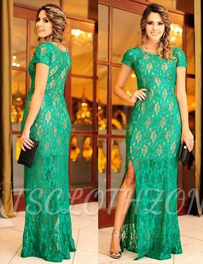 Latest Short Sleeve Green Lace Evening Dress Side Slit Floor Length Formal Occasion Dresses
