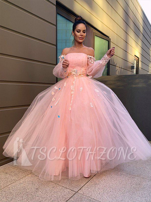 Pink puffy pricess tulle long sleeves floor lenth prom dress