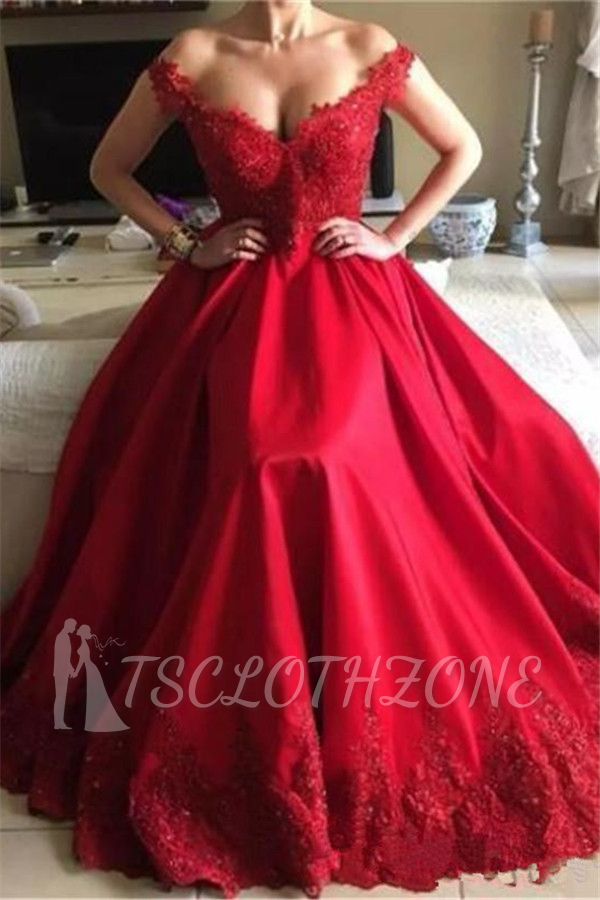 Red Off The Shoulder A-Line Prom Dress  | Open Back Lace Appliques Sexy Evening Gowns