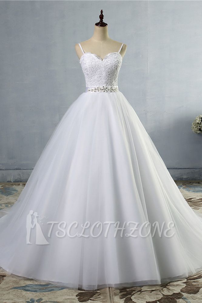 TsClothzone Elegant Spaghetti Straps Sweetheart Wedding Dress White Tulle Appliques Bridal Gowns with Beadings Sash