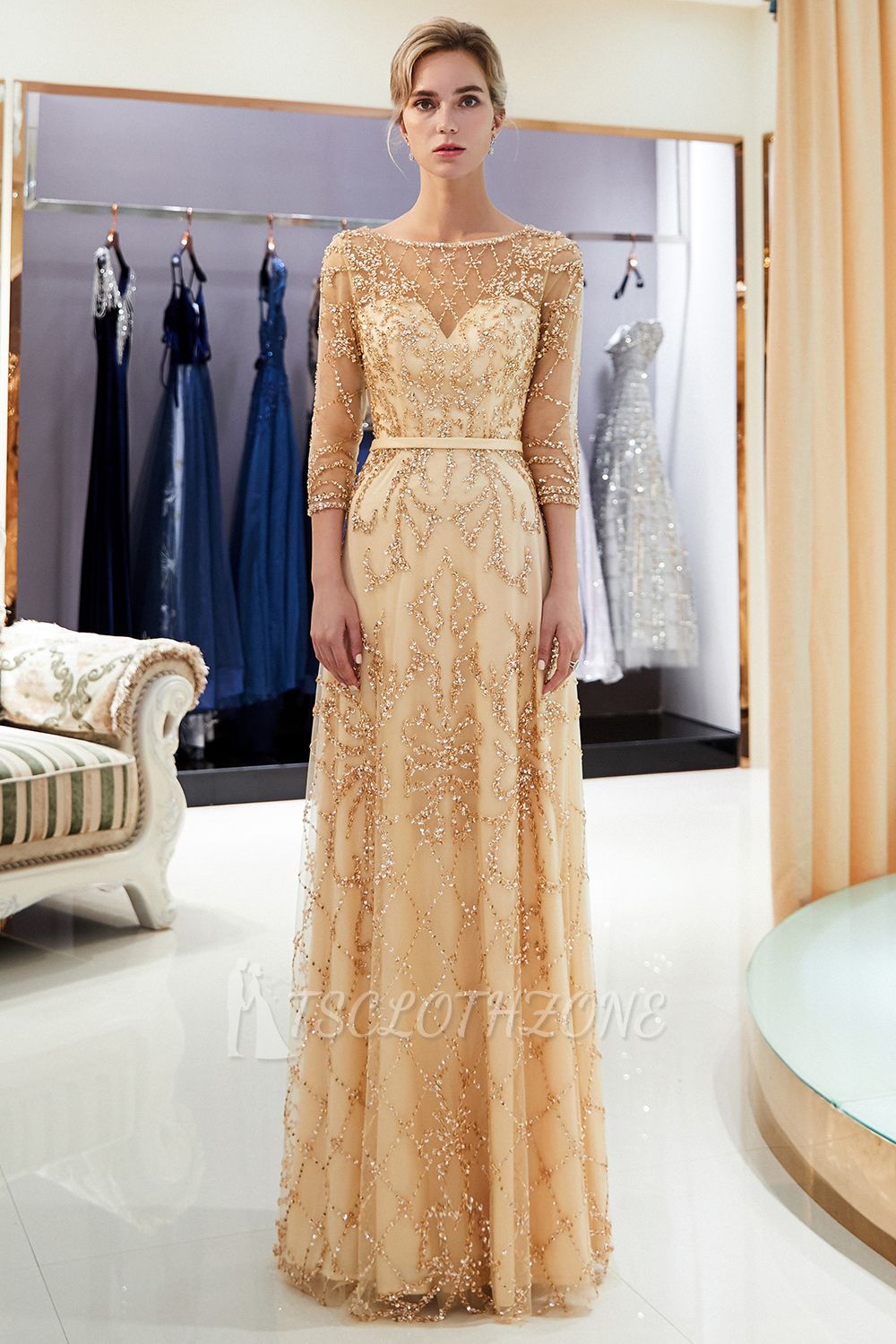 MELODY | A-line Illusion Neckline Long Beading Evening Gowns with Sleeves