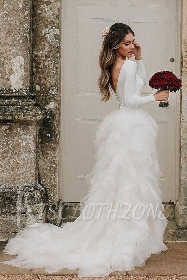 Long sleeves low back white ruffles wedding dress with court train