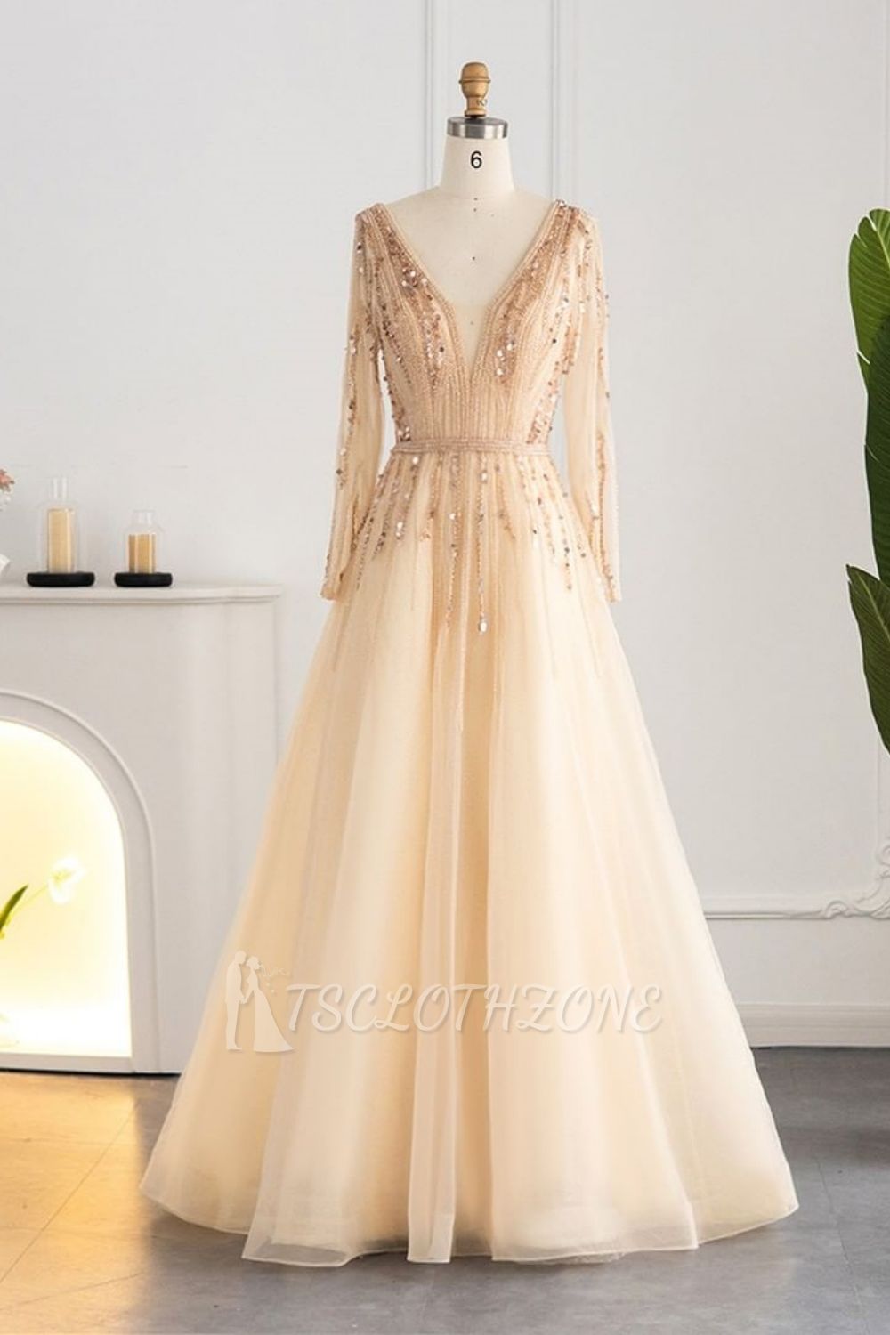 Elegant Sequins Beading A-line Eveing Party Dress V-neck Long Sleeves Tulle Party Gown
