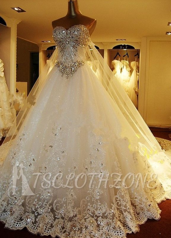 Luxury Strapless Tulle Lace Beading A-Line Wedding Dresses Long