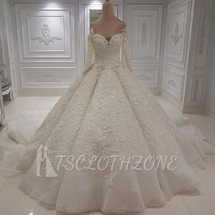 Charming Long Sleeve Lace Appliques Bridal Gowns | Ball Gown with Zipper Button Back Wedding Dress