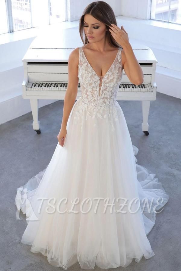 Simple V Neck Sleeveless A Line Tulle Wedding Dresses Bridal Gowns