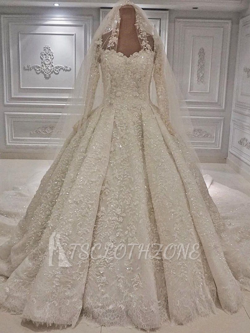 Expensive Lace 3-D Flowers Long sleeves Ball Gown Wedding Dress