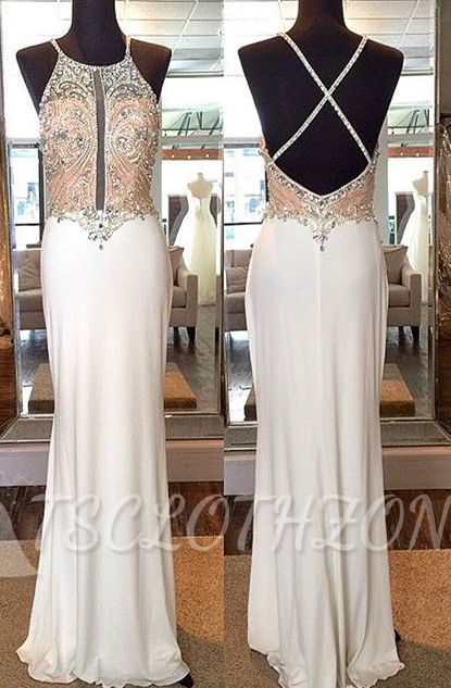 Crystal Sheath Floor Length Evening Dresses Crossed Back Beading Party Gowns