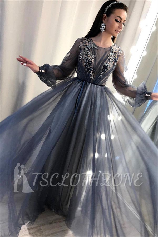 Trendy A-Line Tulle Evening Dresses | Long Sleeves Applqiues Affordable Prom Dresses