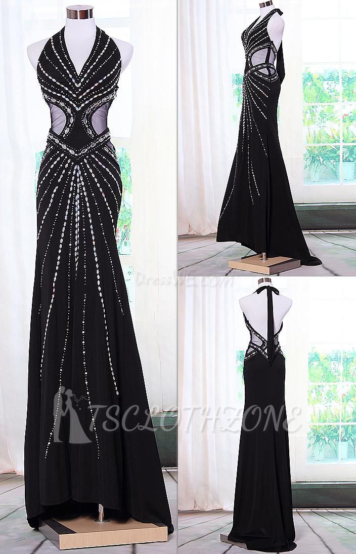 Black Crystal Sexy 2022 Long Party Dress Halter Open Back Dress With Beadings