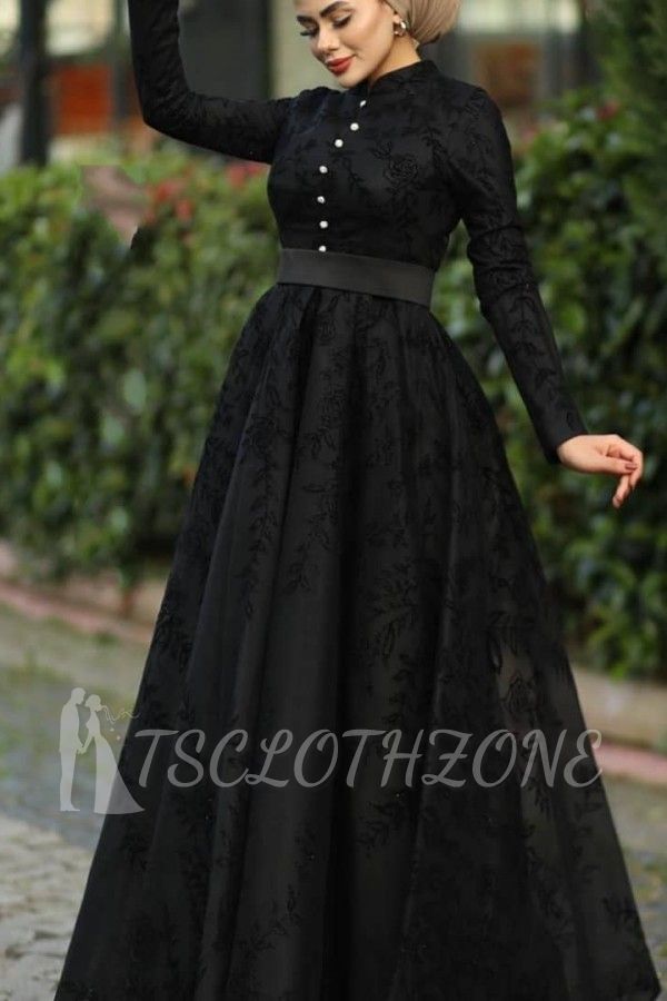 Long Sleeves Black Lace Evening Swing Dress A-line High Neck