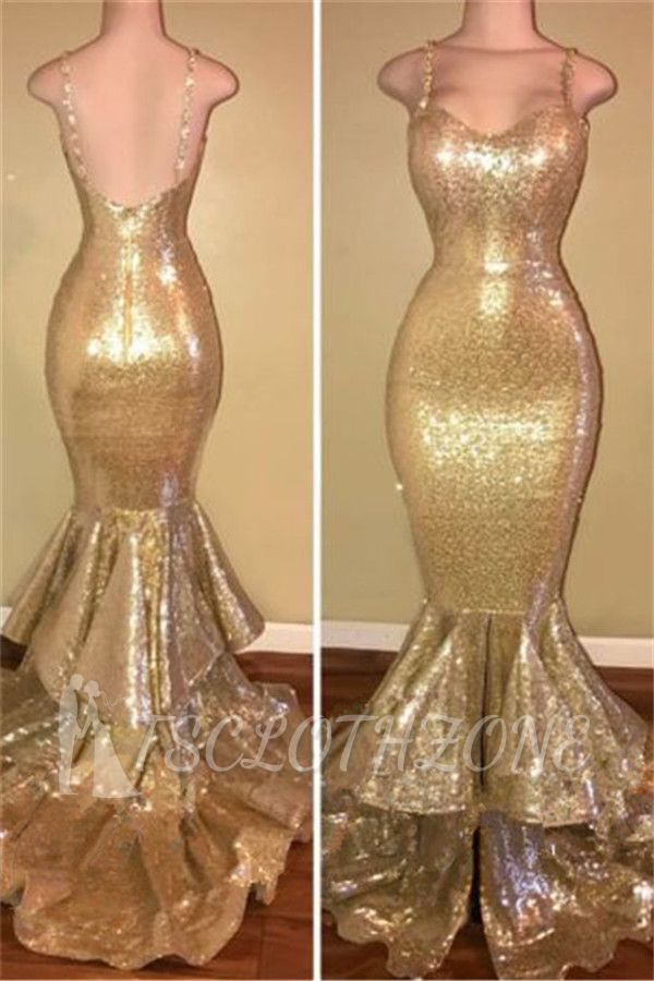 Spaghetti-Träger Meerjungfrau Pailletten Abendkleid Champagner Gold abgestufte Rüschen Sexy 2022 Abendkleid