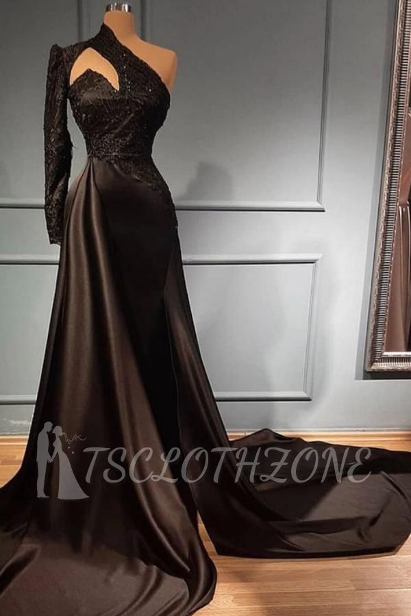 Elegantes schwarzes langes Abendkleid mit einer Schulter | Ärmel Ballkleid