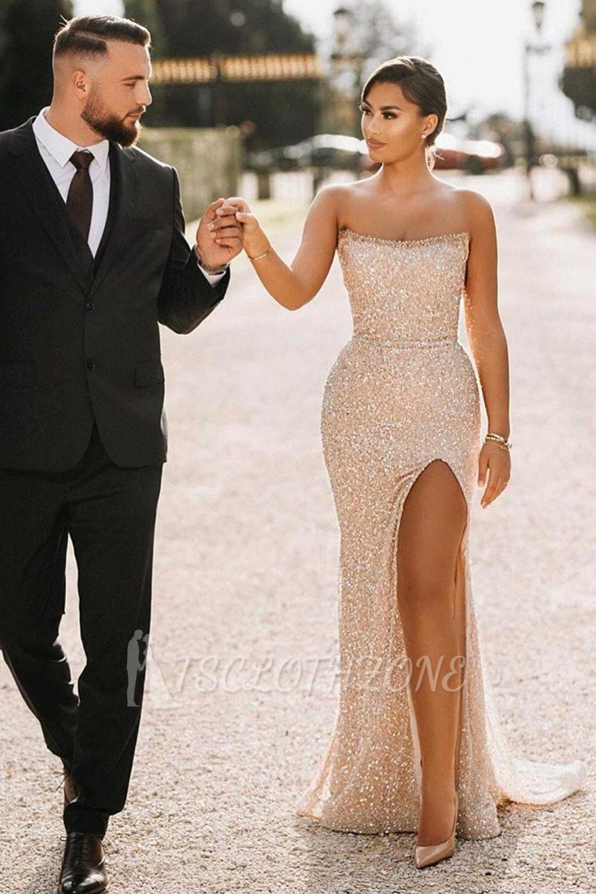Elegant Long Sequined Bandeau Collar Evening Dress | Cheap Sexy Prom Dresses