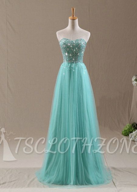 Sweetheart Crystal Mint Long Prom Dresses Lace-up Elegant Cheap Evening Dresses with Sparkly Beadings