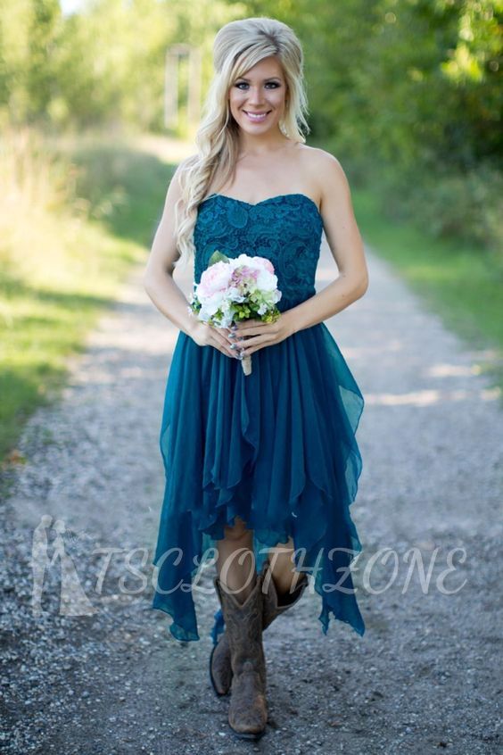 Kurzes Chiffon Brautjungfernkleid Schulterfrei | Herz Ausschnitt Brautjungfer Kleid Mit Spitze Blau