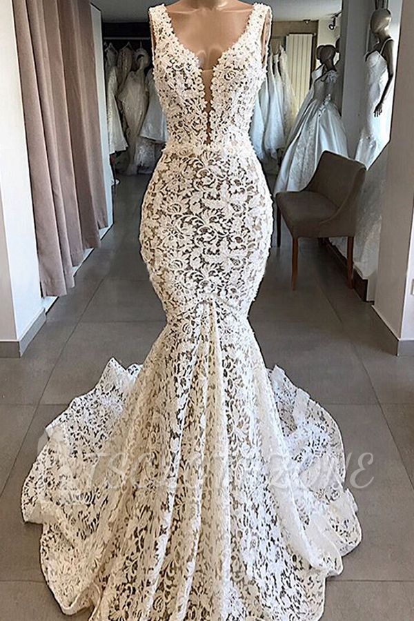 Luxury Plunging V-neck Mermaid Lace Wedding Dresses | Romantic Bridal Gowns for Garden Wedding