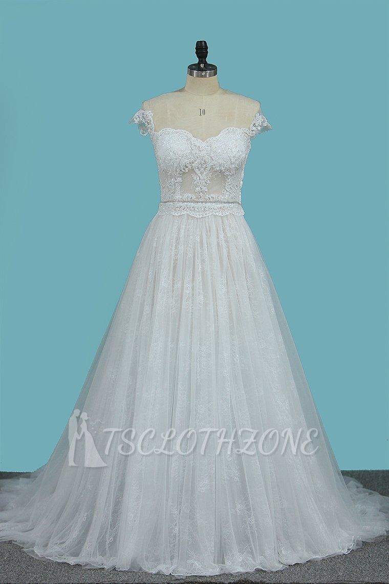 TsClothzone Chic Jewel Sleeveless Tulle Wedding Dress Lace Appliques Ruffles Bridal Gowns On Sale