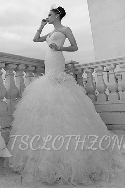Sweetheart Mermaid Tulle Wedding Dresses 2022 Ruffles Sweep Train Bridal Gowns