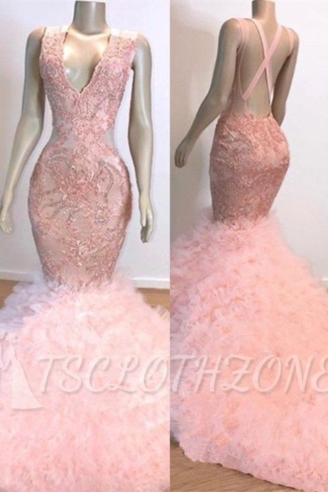 Pink V-Neck Sleeveless Prom Dresses | Mermaid Open Back Lace Evening Dress