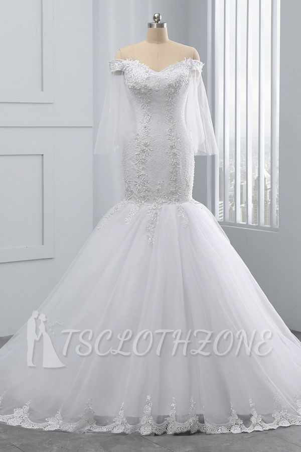 TsClothzone Wunderschönes schulterfreies Hochzeitskleid aus Tüll mit Herzausschnitt, weiße Meerjungfrau-Spitzenapplikationen, Brautkleider online